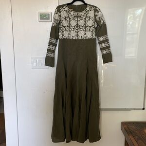 Olive Green Long Sleeve Embroidered Maxi Dress